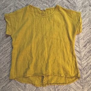 Terzo Millennio Top Women Medium Yellow 100% Linen Tunic Round Neck Short Sleeve